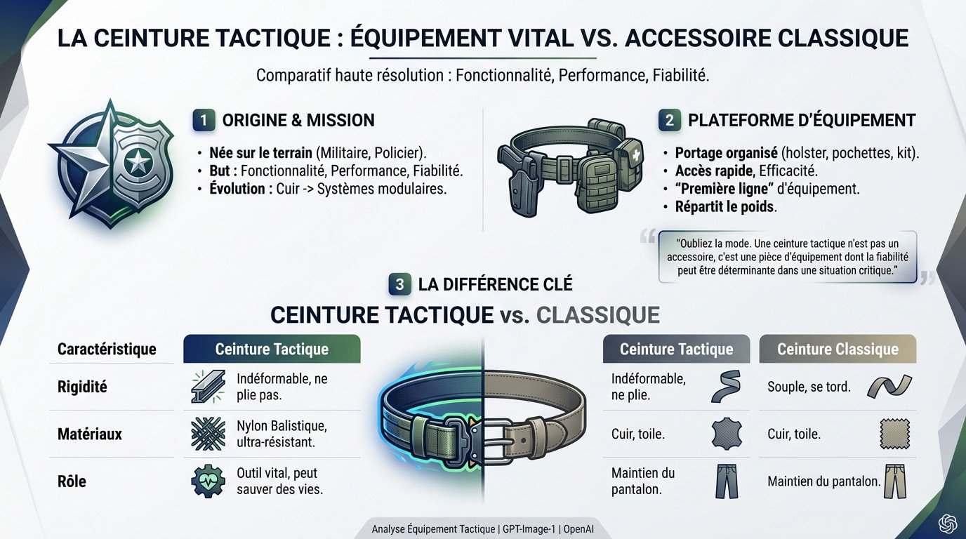 Comparaison entre une ceinture tactique robuste chargée d'équipement et une ceinture classique